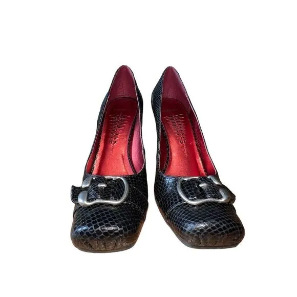 Bronx Claudine Square Toe Y2K W/Buckle Black Leather Heels Womens Size 10 NEW