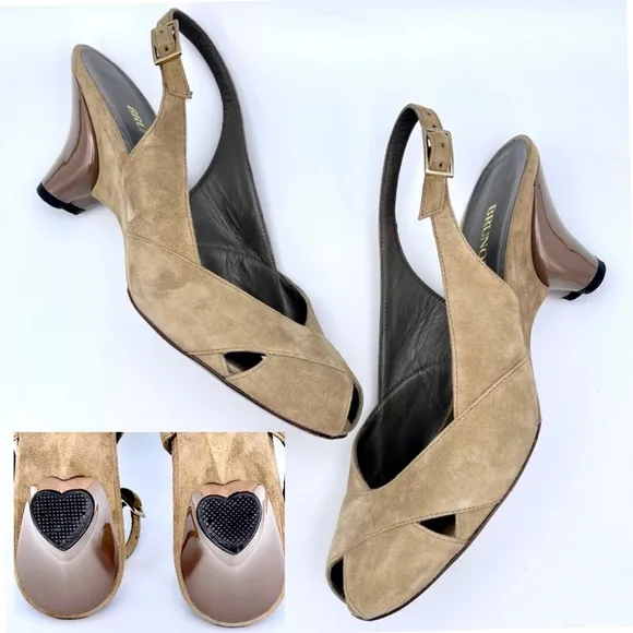 BRUNO MAGLI |🤎Tan Suede Peep-Toe Slingback | Heart-Shaped Heel | EU 37 /US 6.5