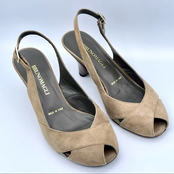 BRUNO MAGLI |🤎Tan Suede Peep-Toe Slingback | Heart-Shaped Heel | EU 37 /US 6.5