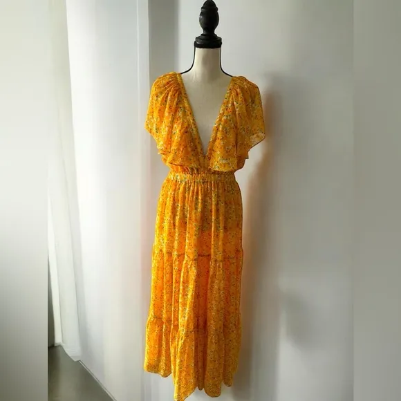 Buddy Love  Flutter Sleeve Yellow Spring Resort Maxi Dress -  Small NWT