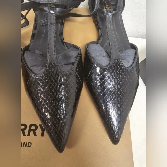 Burberry New In Box Black Snakeskin and Leather Point toe Ballerina Flat…