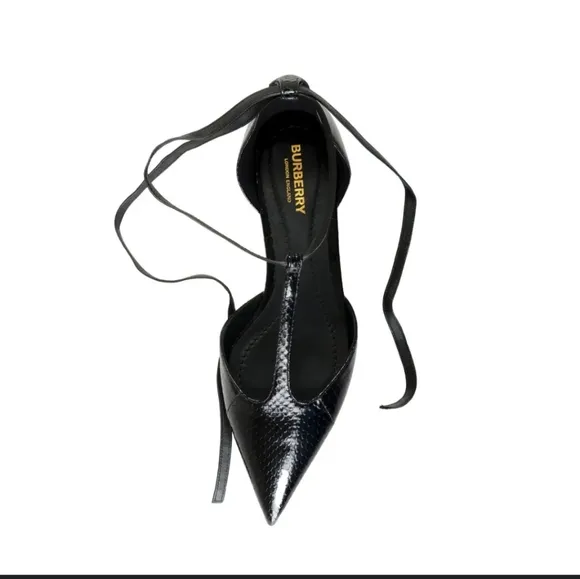 Burberry New In Box Black Snakeskin and Leather Point toe Ballerina Flat…