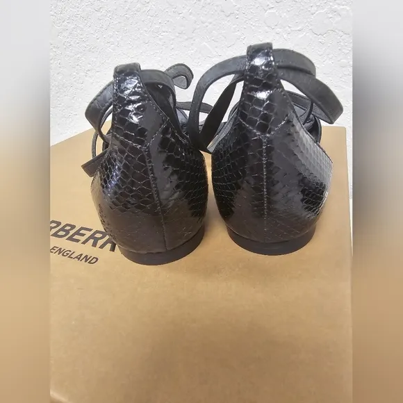 Burberry New In Box Black Snakeskin and Leather Point toe Ballerina Flat…