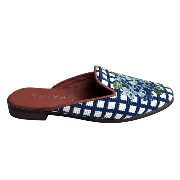 By Paige Hydrangea Collection Needlepoint Mules Blue Floral Flats Slip On Womens