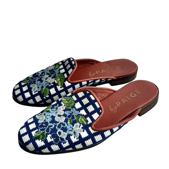 By Paige Hydrangea Collection Needlepoint Mules Blue Floral Flats Slip On Womens