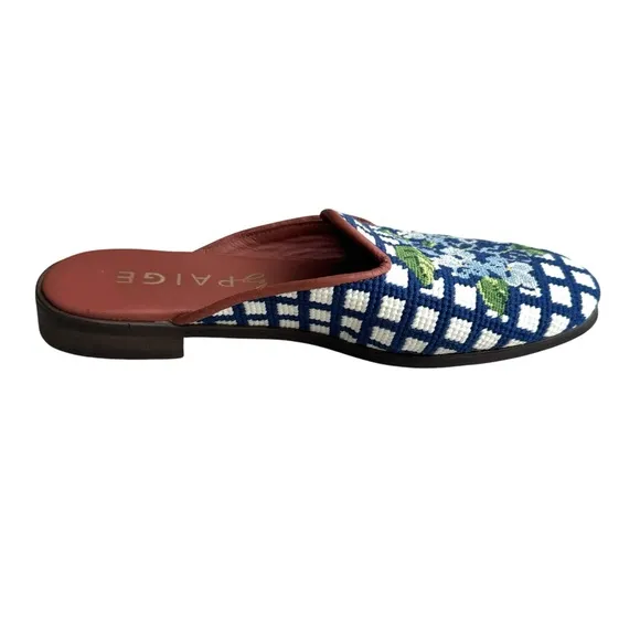 By Paige Hydrangea Collection Needlepoint Mules Blue Floral Flats Slip On Womens