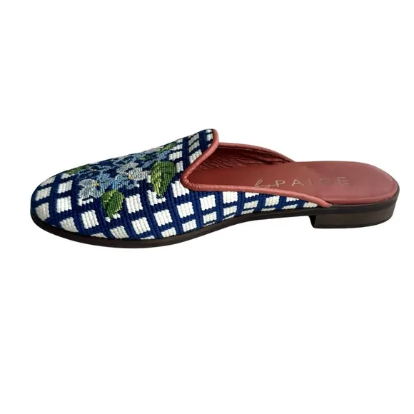By Paige Hydrangea Collection Needlepoint Mules Blue Floral Flats Slip On Womens