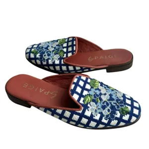 By Paige Hydrangea Collection Needlepoint Mules Blue Floral Flats Slip On Womens