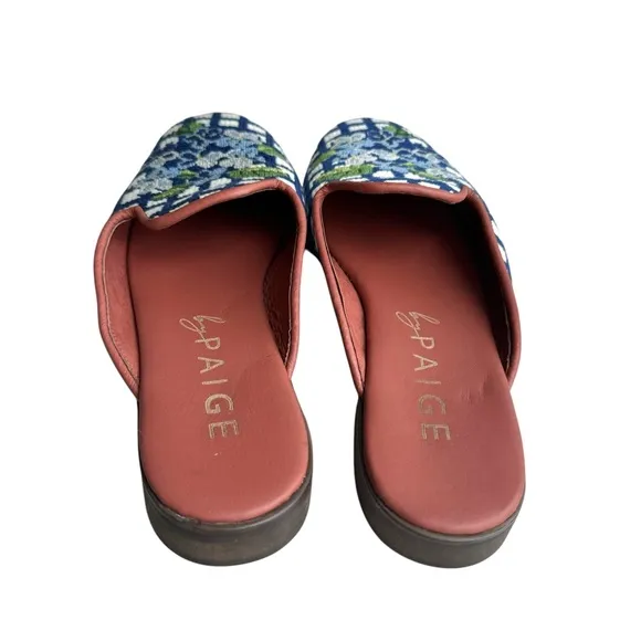 By Paige Hydrangea Collection Needlepoint Mules Blue Floral Flats Slip On Womens