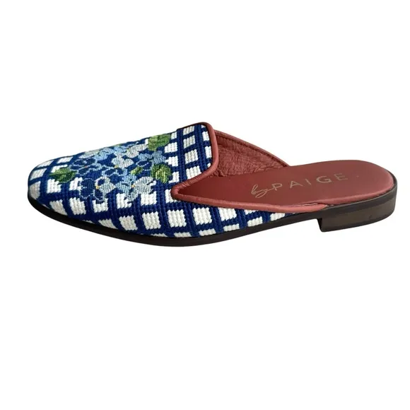 By Paige Hydrangea Collection Needlepoint Mules Blue Floral Flats Slip On Womens