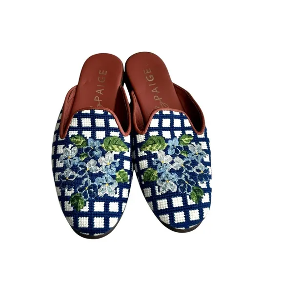 By Paige Hydrangea Collection Needlepoint Mules Blue Floral Flats Slip On Womens