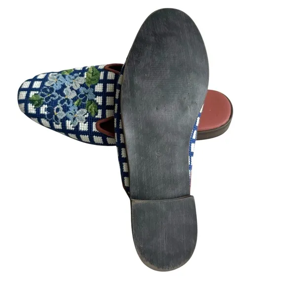 By Paige Hydrangea Collection Needlepoint Mules Blue Floral Flats Slip On Womens