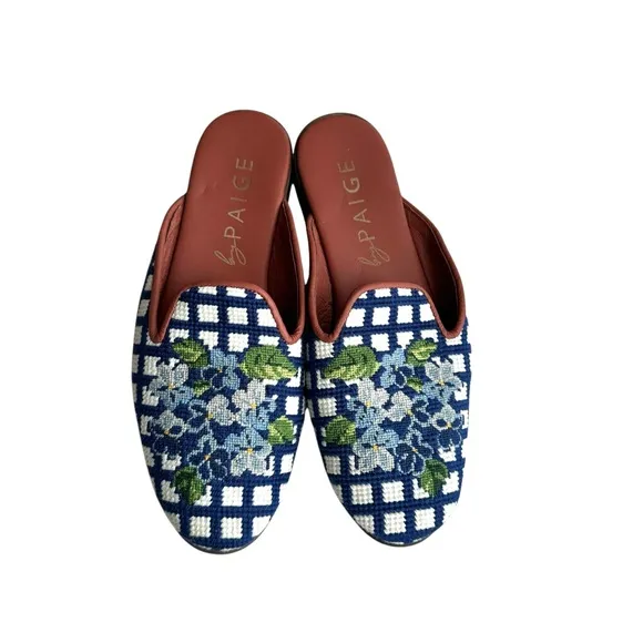 By Paige Hydrangea Collection Needlepoint Mules Blue Floral Flats Slip On Womens
