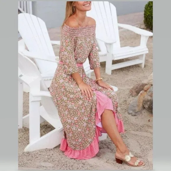 CABANA LIFE Jetties Beach Off The Shoulder Ruffle Maxi Dress Cover up NWT