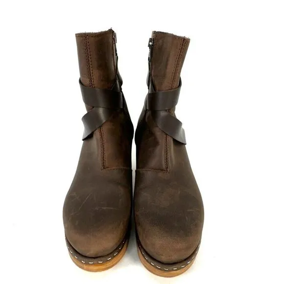 Calou Stockholm Milly Clog Platform Healed Boot Bootie 37 Side Zip Brown Leather