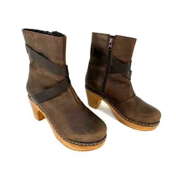 Calou Stockholm Milly Clog Platform Healed Boot Bootie 37 Side Zip Brown Leather