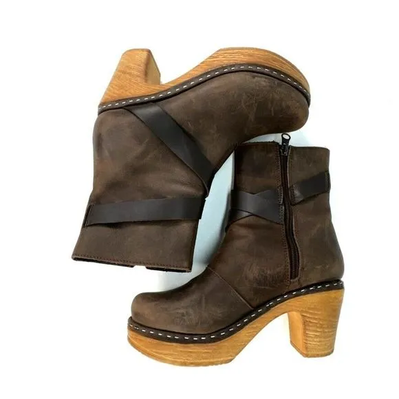 Calou Stockholm Milly Clog Platform Healed Boot Bootie 37 Side Zip Brown Leather