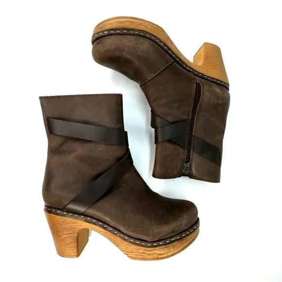 Calou Stockholm Milly Clog Platform Healed Boot Bootie 37 Side Zip Brown Leather