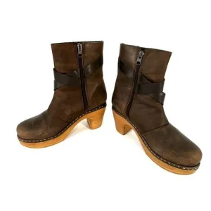 Calou Stockholm Milly Clog Platform Healed Boot Bootie 37 Side Zip Brown Leather