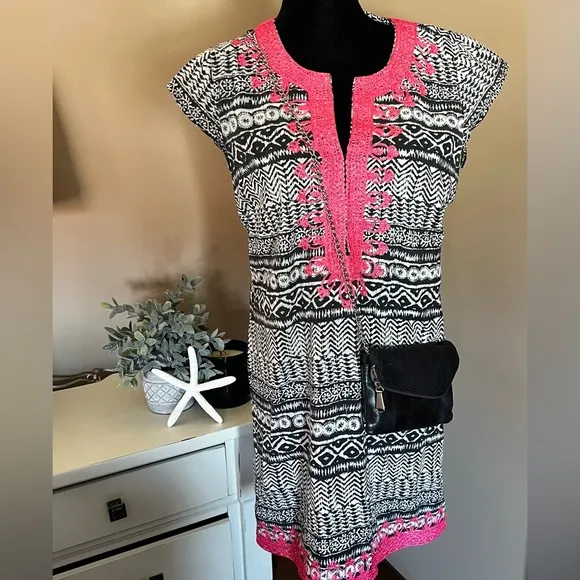 Calypso St Barth Rowena Embroidered Aztec Tunic Dress/Beach Cover Up Sz M