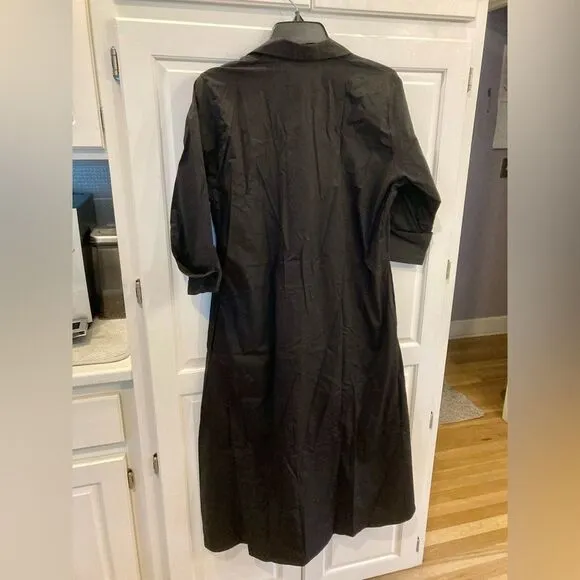 Carolina Black Cotton Poplin Celia Collared Timeless Shirt Dress 3/4 Sleeves SM