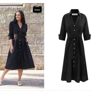 Carolina Black Cotton Poplin Celia Collared Timeless Shirt Dress 3/4 Sleeves SM