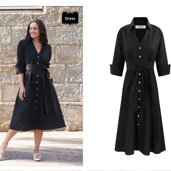 Carolina Black Cotton Poplin Celia Collared Timeless Shirt Dress 3/4 Sleeves SM