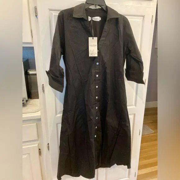 Carolina Black Cotton Poplin Celia Collared Timeless Shirt Dress 3/4 Sleeves SM