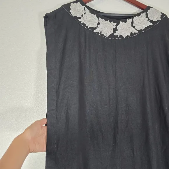Casilda Mut Womens Black Embroidered Sleeveless Linen Maxi Dress One Size