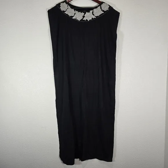 Casilda Mut Womens Black Embroidered Sleeveless Linen Maxi Dress One Size