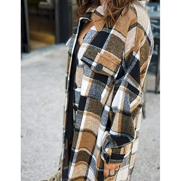CASUAL Khaki Plaid Button Down Long Puff Sleeve Trench Coat Jacket Shacket Wool