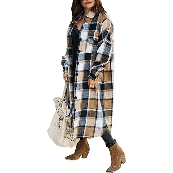 CASUAL Khaki Plaid Button Down Long Puff Sleeve Trench Coat Jacket Shacket Wool