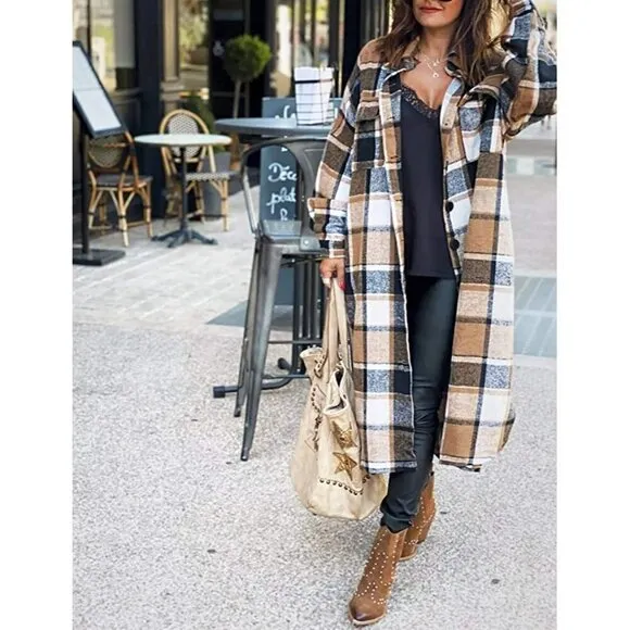 CASUAL Khaki Plaid Button Down Long Puff Sleeve Trench Coat Jacket Shacket Wool