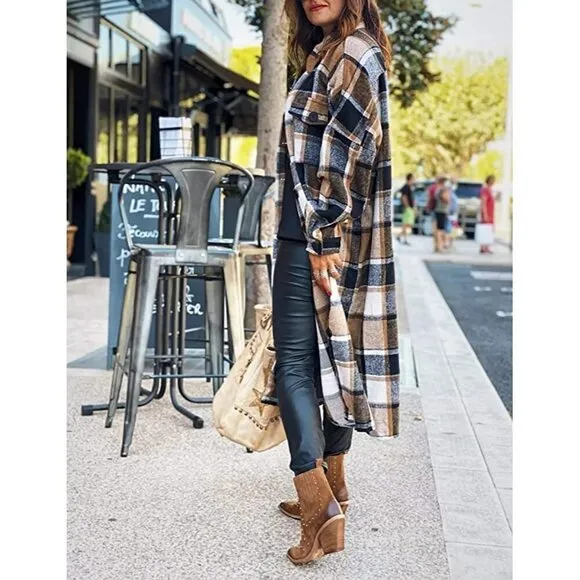 CASUAL Khaki Plaid Button Down Long Puff Sleeve Trench Coat Jacket Shacket Wool