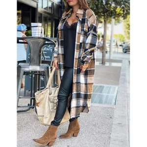 CASUAL Khaki Plaid Button Down Long Puff Sleeve Trench Coat Jacket Shacket Wool