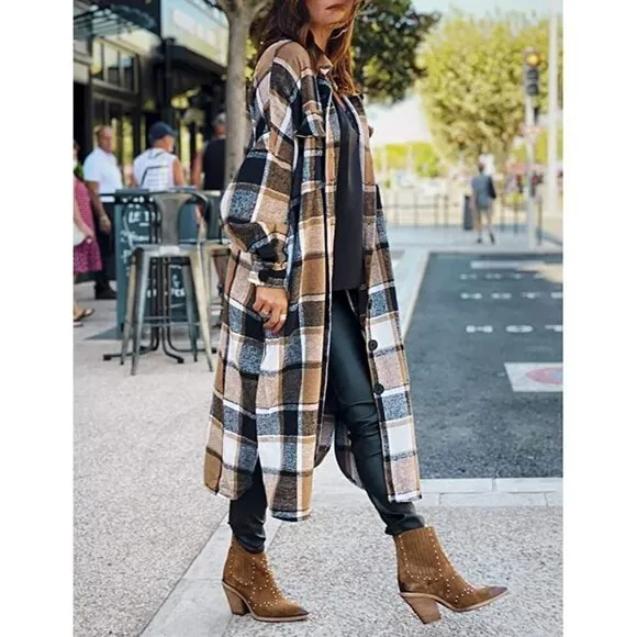 CASUAL Khaki Plaid Button Down Long Puff Sleeve Trench Coat Jacket Shacket Wool