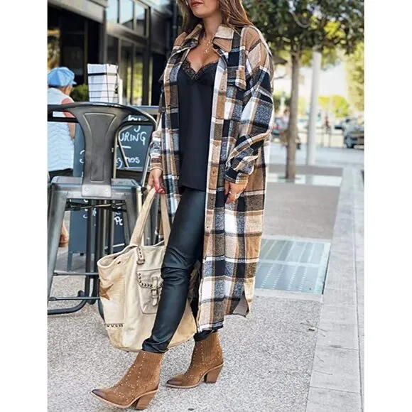 CASUAL Khaki Plaid Button Down Long Puff Sleeve Trench Coat Jacket Shacket Wool