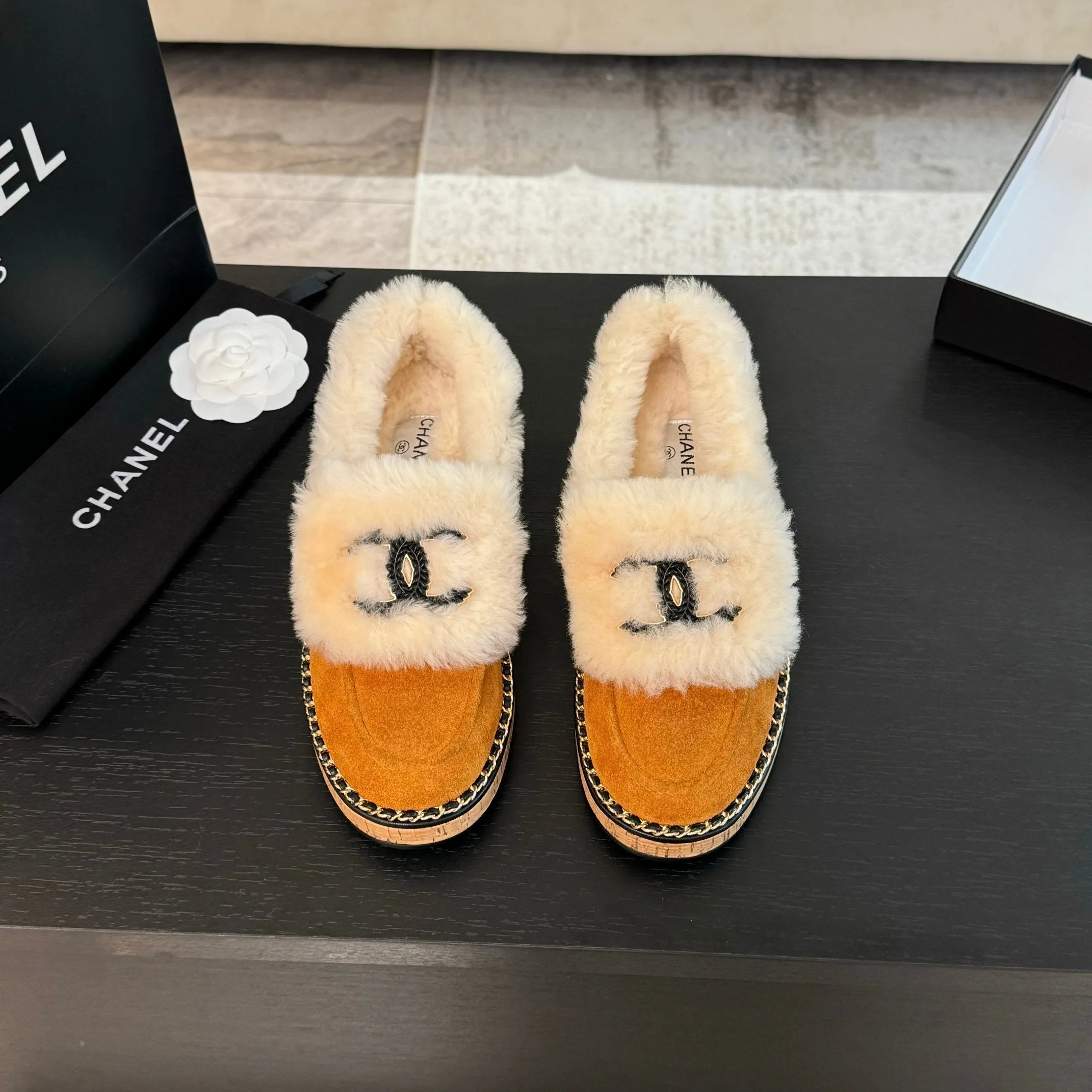 CC Moccasins Yellow Orange Suede And Fleece