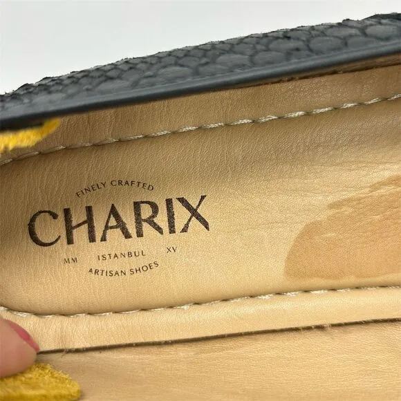 Charix Women's Black Leather Slip-On Flats Size 44 (US 12) Handmade Artisan