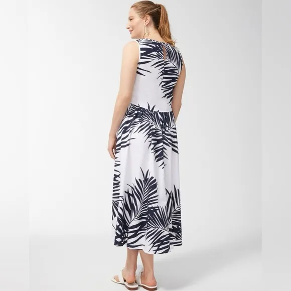 Chico’s Palm Print Back Tier Mini Dress in Navy and White, size 0.5/US 6, NWT!