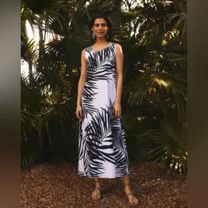 Chico’s Palm Print Back Tier Mini Dress in Navy and White, size 0.5/US 6, NWT!
