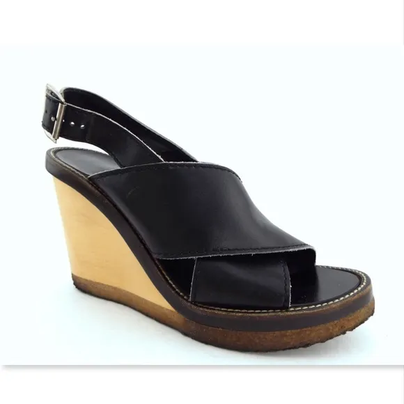 CHLOE Black Open Toe Wedge Sling Pump Sandals 38