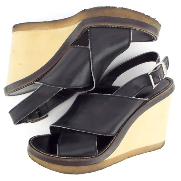 CHLOE Black Open Toe Wedge Sling Pump Sandals 38