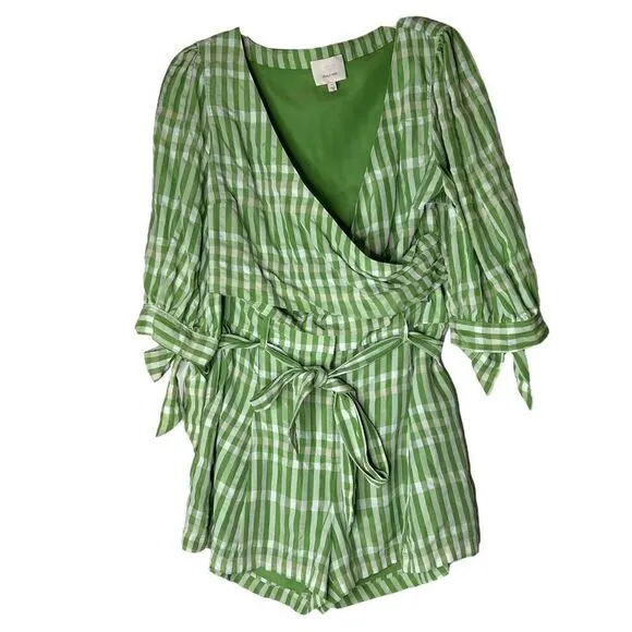 Cinq a Sept Flora Plaid Gingham Wrap Top Short Set Long Green White Size L