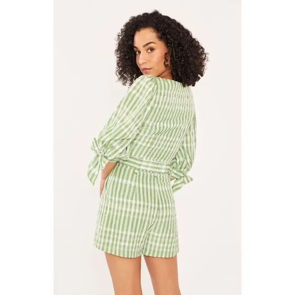 Cinq a Sept Flora Plaid Gingham Wrap Top Short Set Long Green White Size L