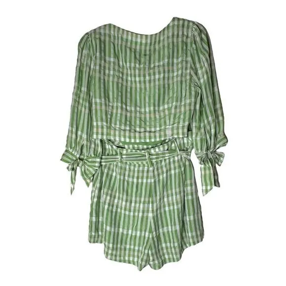 Cinq a Sept Flora Plaid Gingham Wrap Top Short Set Long Green White Size L