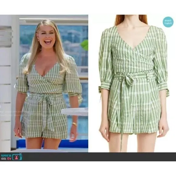Cinq a Sept Flora Plaid Gingham Wrap Top Short Set Long Green White Size L
