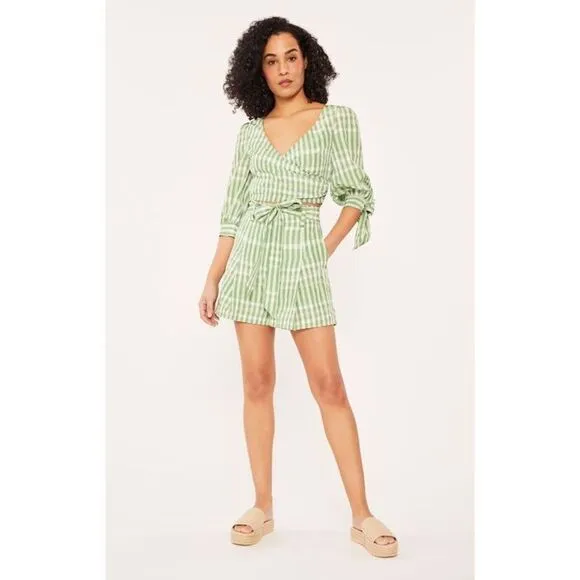 Cinq a Sept Flora Plaid Gingham Wrap Top Short Set Long Green White Size L