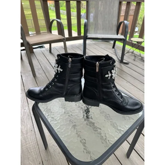 Circus by Sam Edelman Combat Boots Rhinestone Buckle Black Boots Size 7