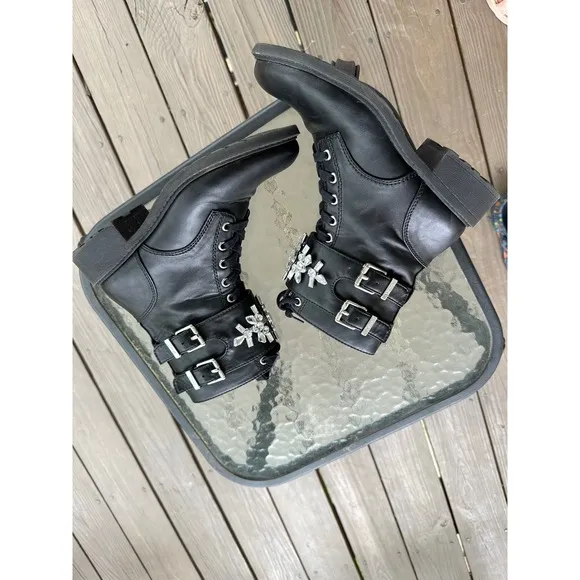 Circus by Sam Edelman Combat Boots Rhinestone Buckle Black Boots Size 7